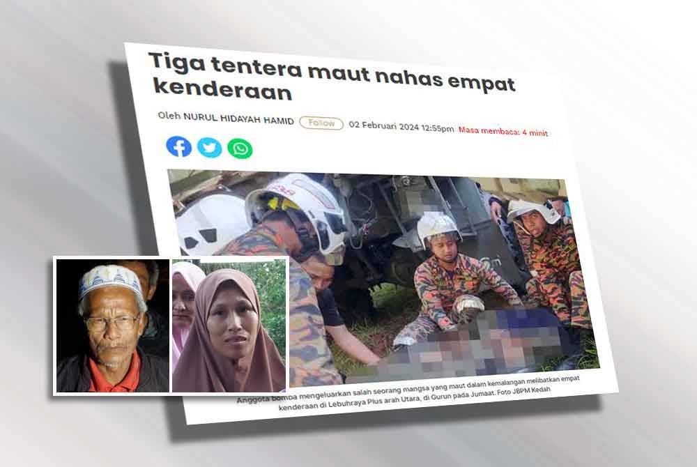 Tiga anggota tentera maut dalam nahas empat kenderaan melibatkan tiga trak tentera dengan sebuah lori Isuzu di Lebuhraya Plus arah Utara, di sini pada Jumaat. Gambar kecil: Abdull Rani dan Rosliza