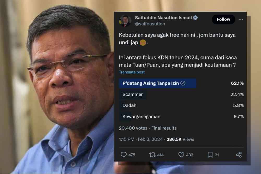 Undian orang ramai di platform X Saifuddin Nasution berkaitan fokus KDN untuk tahun 2024.