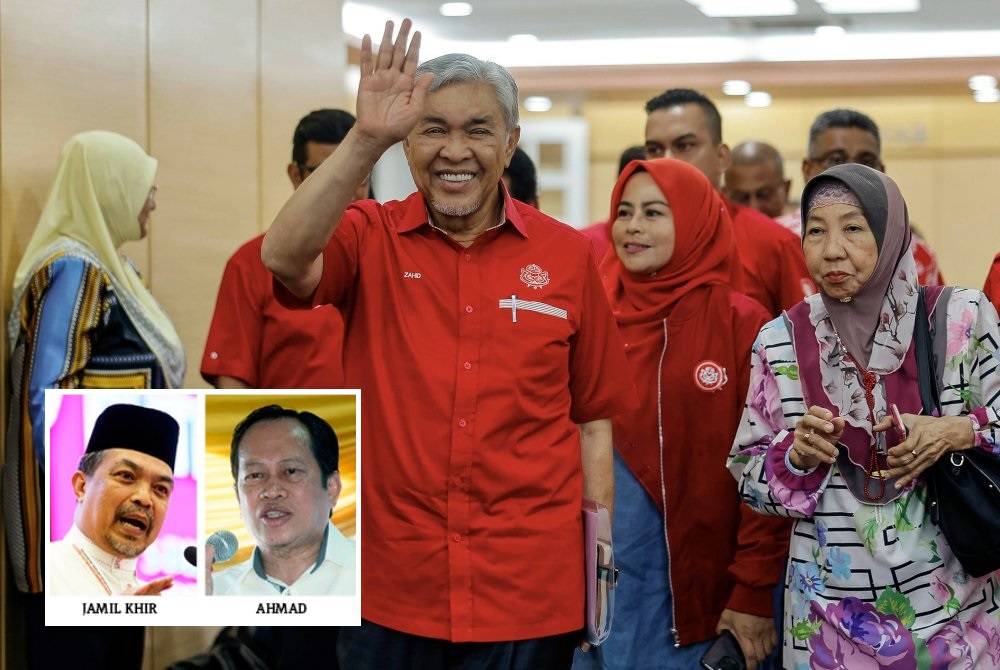 Ahmad Zahid Hamidi tiba bagi mempengerusikan perjumpaan tertutup Presiden UMNO bersama Ketua-Ketua Bahagian UMNO di Pusat Dagangan Dunia Kuala Lumpur (WTC-KL) pada Ahad. Foto Bernama (Gambar kecil dari kiri: Jamil Khir, Ahmad)