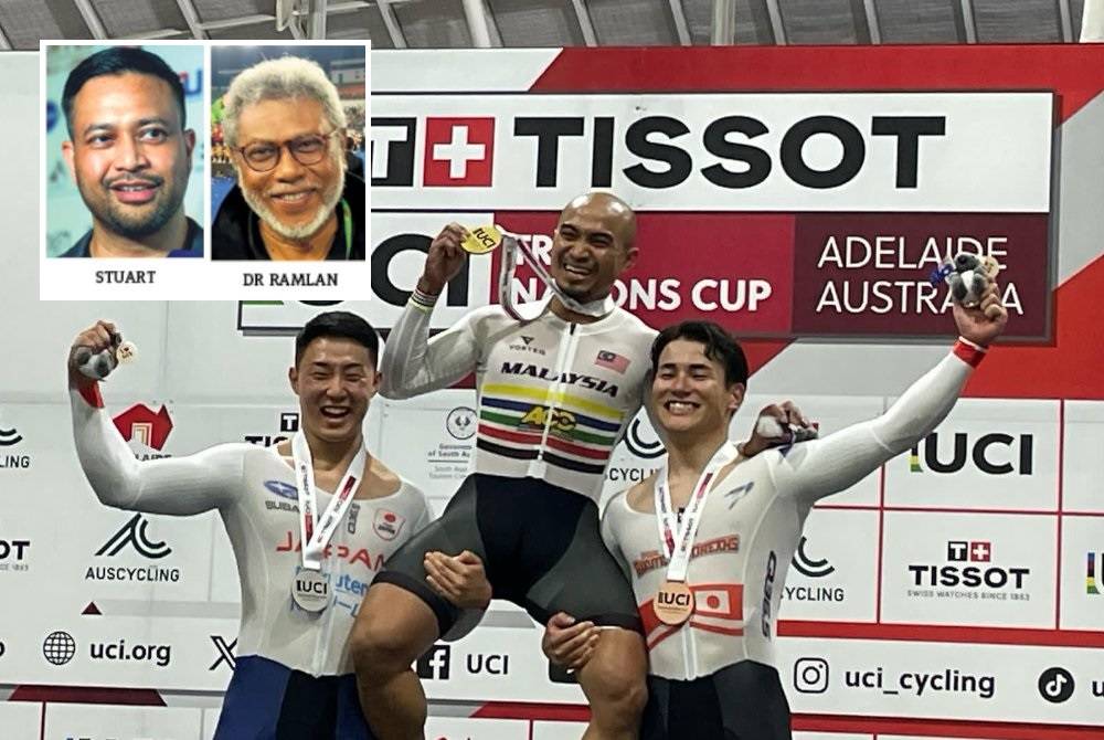 Azizulhasni meraih pingat emas kejuaraan keirin lelaki Kejohanan Piala UCI di Adelaide, Australia pada Sabtu. Gambar kecil: Stuart, Ramlan