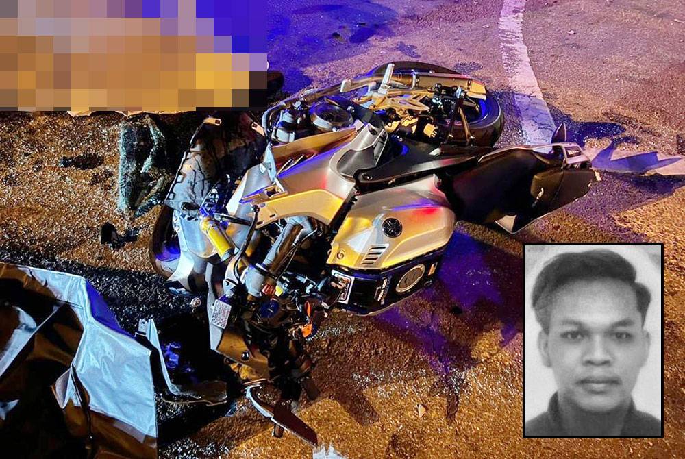 Amir Asyraaf (gambar kecil) maut di lokasi kejadian selepas motosikal ditungganginya bertembung dengan kereta Perodua Viva yang membelok di lampu isyarat Taman Paya Emas, Lebuh Sungai Udang-Paya Rumput- Ayer Keroh (AMJ), malam Ahad.