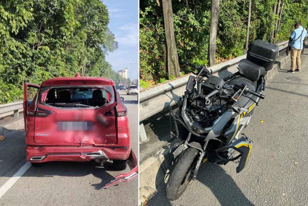 Sebuah MPV yang dipercayai dilanggar motosikal ditunggang dua beranak di MRR2, Kuala Lumpur pada Isnin.