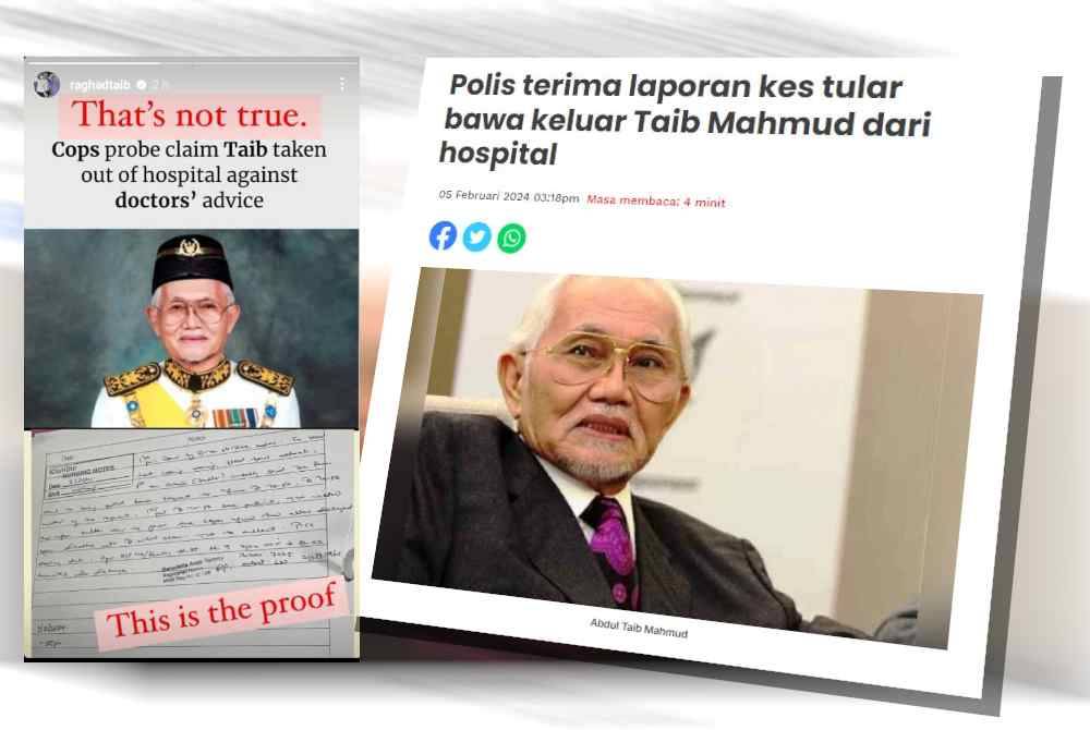 Polis Sarawak sebelum ini mengesahkan telah menerima laporan berhubung isu tular iaitu kes membawa keluar bekas Yang di-Pertua Negeri Sarawak, Tun Abdul Taib Mahmud dari sebuah hospital. Tangkap layar perkongsian di InstaStory milik Ragad pada Isnin.