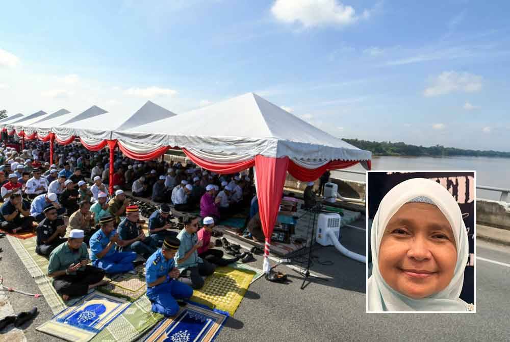 Solat hajat yang dilakukan di Jambatan Sultan Ismail Petra, Kota Bharu pada Isnin. Foto: Bernama, gambar kecil: Dr Hafidzah