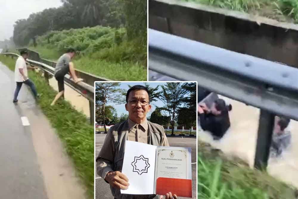 Video tular Ngiam Choong terjun ke dalam longkang deras menyelamatkan mangsa. Gambar tengah: Ngiam Choong menerima sijil penghargaan. 