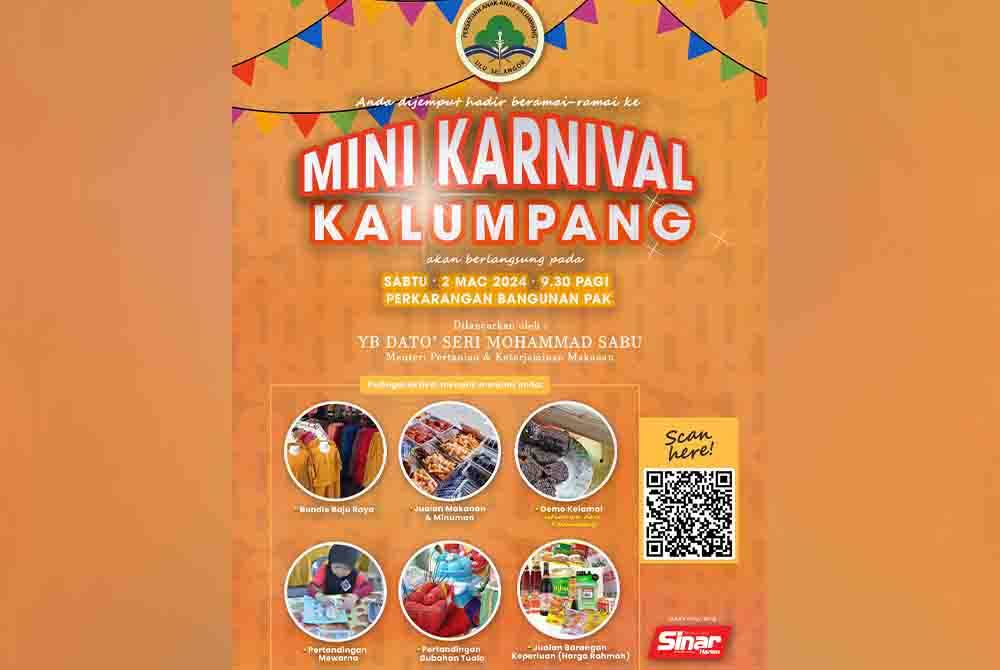 Persatuan Anak-anak Kalumpang (PAK) dengan kerjasama Sinar Harian bakal menganjurkan Mini Karnival Kalumpang pada 2 Mac depan bermula jam 9.30 pagi.