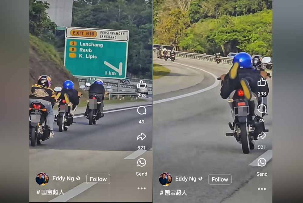 Tangkap layar yang dimuat naik Eddy memaparkan aksi berbahaya oleh sekumpulan penunggang motosikal.