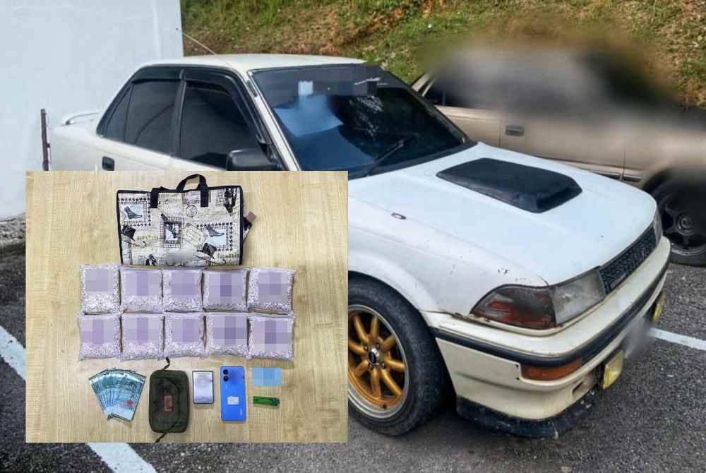 Kenderaan dinaiki suspek berusia 42 tahun ditahan dalam serbuan di R&R Genting Highlands pada Selasa. 10 peket plastik dipercayai dadah jenis heroin dan barangan lain yang dirampas dalam serbuan pada Selasa. Foto PDRM