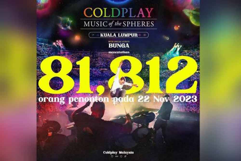 Konsert Coldplay di Stadium Nasional Bukit Jalil pada 22 November 2023 merekod kehadiran 81,812 penonton. Foto X-Coldplay Malaysia