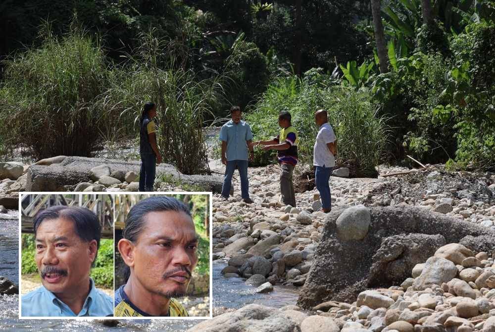 Penduduk berada di lokasi mangsa-mangsa terperangkap ketika berkelah di Sungai Kenjur, Kampung Poh, Bidor. (Gambar kecil: Wahiddin, Ahmad Ridzuan)