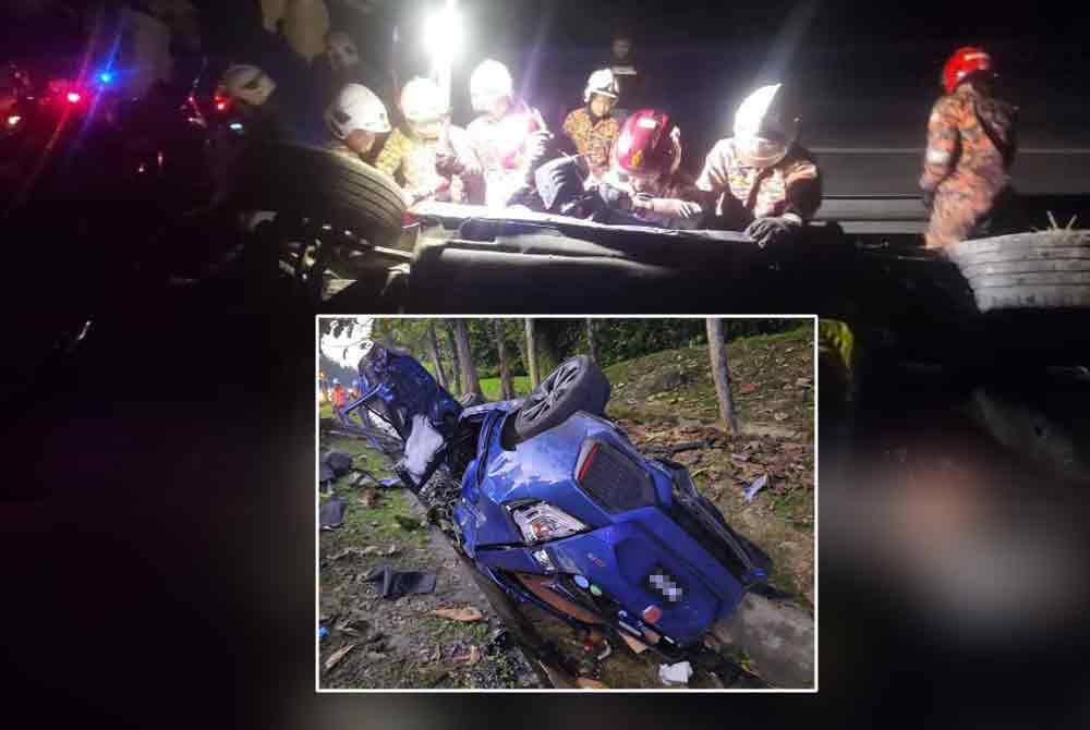 Pasukan bomba membantu mangsa nahas yang terbabas akibat terlanggar seekor ular sawa di Tapah. Foto: Bomba, gambar kecil: Keadaan kereta milik mangsa