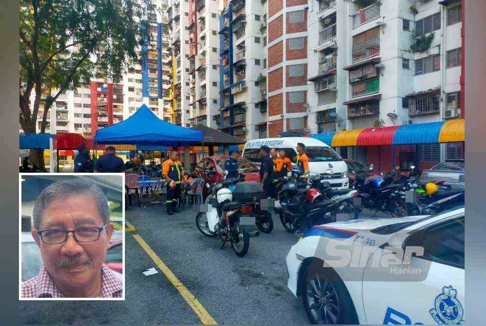 
Sebahagian anggota keselamatan yang terdiri daripada PDRM dan petugas DBKL yang bertugas mengawal lokasi kejadian di Flat Seri Sabah, Kuala Lumpur. (Gambar kecil: Zainal Abidin) Foto Sinar Harian-HISYAMUDDIN AYUB.