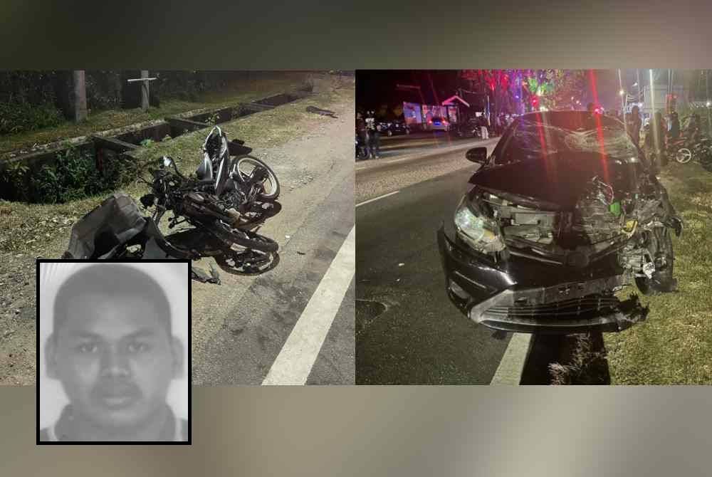 Keadaan motosikal Muhammad Faizal (gambar kecil) dan kereta dipandu seorang lelaki selepas kejadian kemalangan di Jalan Klebang Besar awal pagi Ahad.