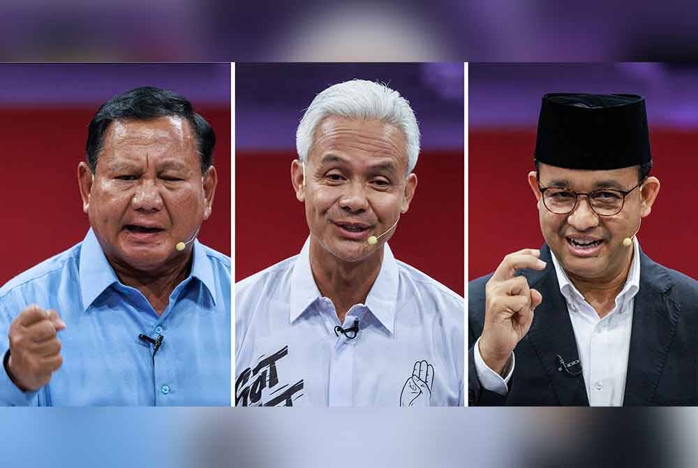 Calon Presiden Indonesia, Prabowo Subianto (kiri), Ganjar Pranowo (tengah) dan Anies Baswedan (kanan). - AFPA