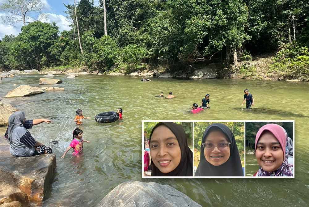 Air cetek di kawasan Lata Janggut sesuai untuk kanak-kanak dan keluarga beriadah sambil bermain air. - Foto: Sinar Harian (Gambar kecil dari kiri: Wan Nur Diana, Nur Hafizah Iffah, dan Nor Ashikin)