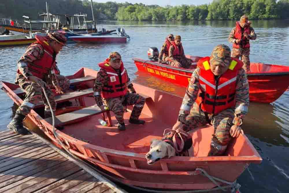 Unit K9 membantu operasi SAR bagi mencari dua lagi mangsa yang dikhuatiri lemas di Sungai Sempit, Segari. Foto ihsan bomba