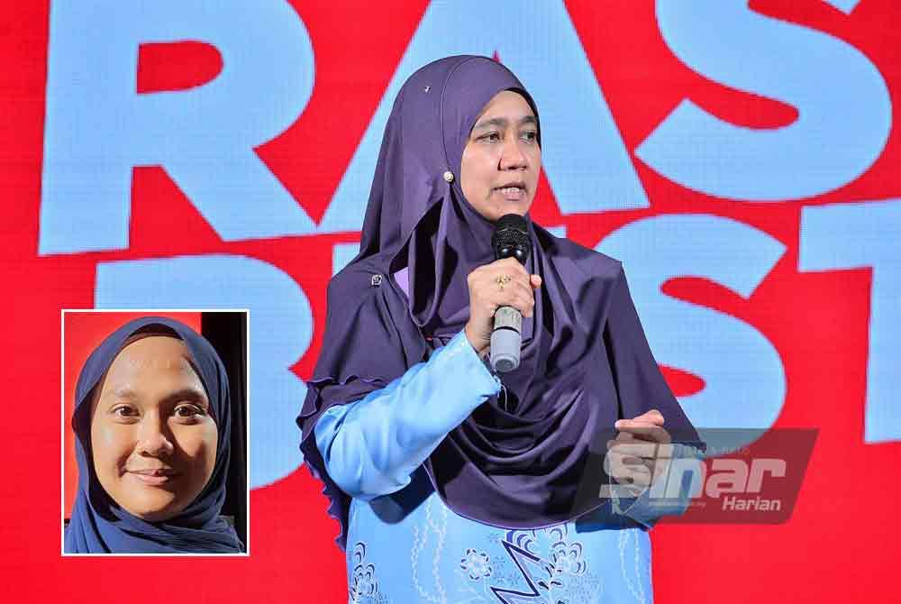 Hanim ketika berucap dalam Majlis Penyampaian Hadiah Pertandingan Video HARA 2023 yang berlangsung di Kompleks Kumpulan Karangkraf, Shah Alam pada Selasa. (Gambar kecil: Wahida)