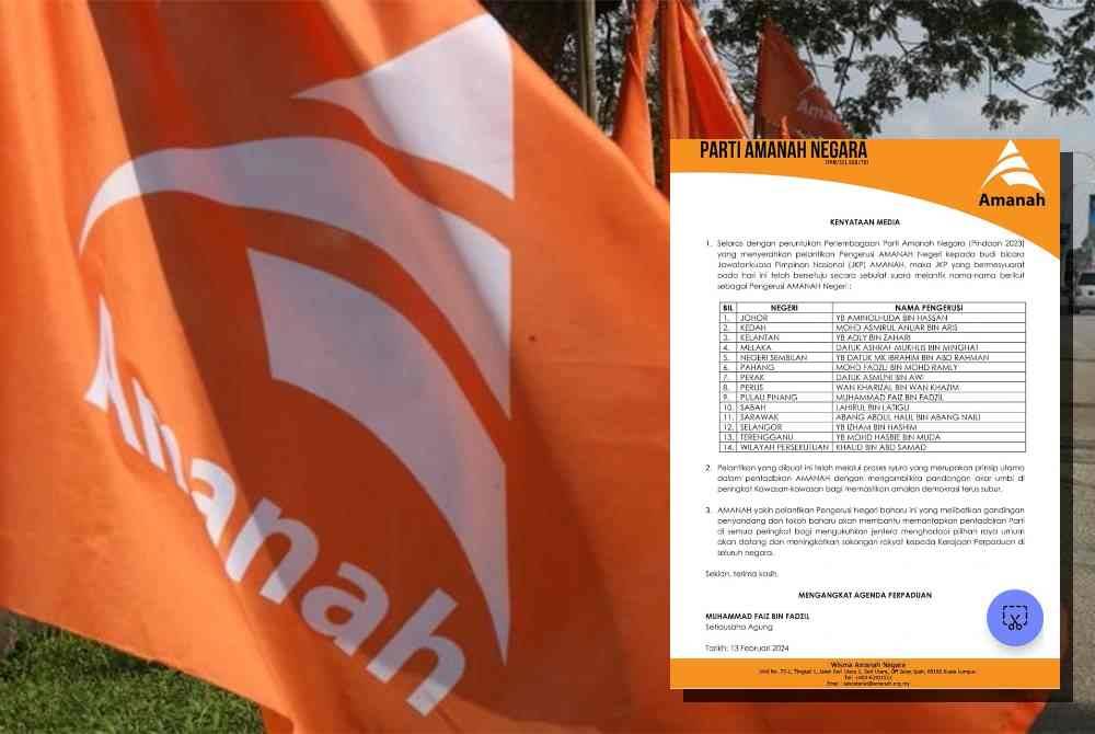 Parti Amanah Negara (Amanah) mengumumkan barisan pengerusi Amanah negeri melibatkan gandingan penyandang dan tokoh baharu bagi memantapkan pentadbiran parti itu. Gambar hiasan