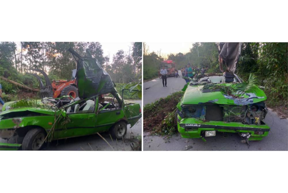 Keadaan kereta yang dinaiki lima mangsa remuk teruk akibat terbabas dan melanggar pokok selepas pemandu memecut laju ketika diekori kenderaan JPJ.