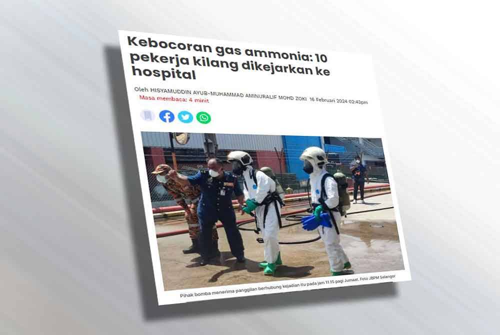 Terdahulu Sinar Harian melaporkan pekerja sebuah kilang dikejarkan ke hospital selepas terhidu gas ammonia yang bocor dalam kejadian di di Jalan Keluli 1 Kawasan Perindustrian Bukit Raja, Seksyen 7, di sini pada Jumaat.