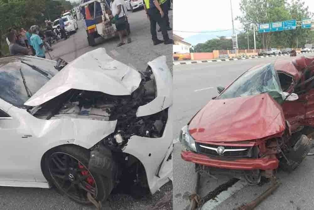 Kadaa kedua-dua kenderaan yang remuk selepas terlibat kemalangan di Jalan Kuala Kangsar, Ipoh pada Sabtu. Foto ihsan pembaca