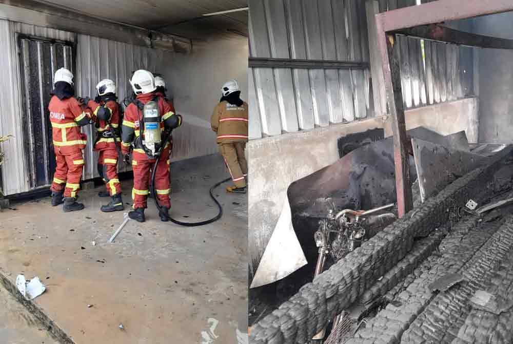 Pasukan bomba sedang giat memadamkan kebakaran di stor penyimpanan barang niaga yang terbakar di Jalan Pekan Darat, Kampung Gelung Bubu, Butterworth petang Ahad.