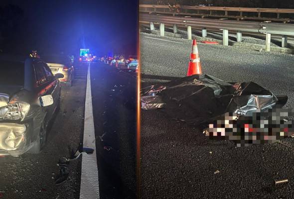 Seorang penunggang motosikal maut, manakala, pemandu kereta parah dilanggar tanker di Kilometer 101.6 Lebuhraya Utara Selatan arah utara, Sungai Petani, malam tadi. Foto PDRM