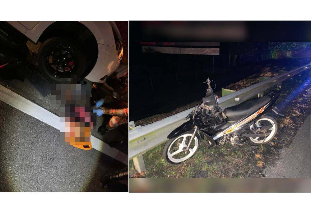 Pasukan bomba membawa keluar mangsa yang terperosok bawah kereta di KM379 Lebuhraya Utara-Selatan arah selatan di Slim River pada Selasa. (Gambar kanan: Keadaan motosikal mangsa selepas terbabit kemalangan. Foto ihsan Bomba Perak