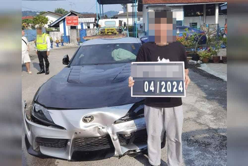 Lelaki berkenaan bersama kereta yang dipandunya secara berbahaya dalam kejadian tesebut. Foto Polis Batu Pahat