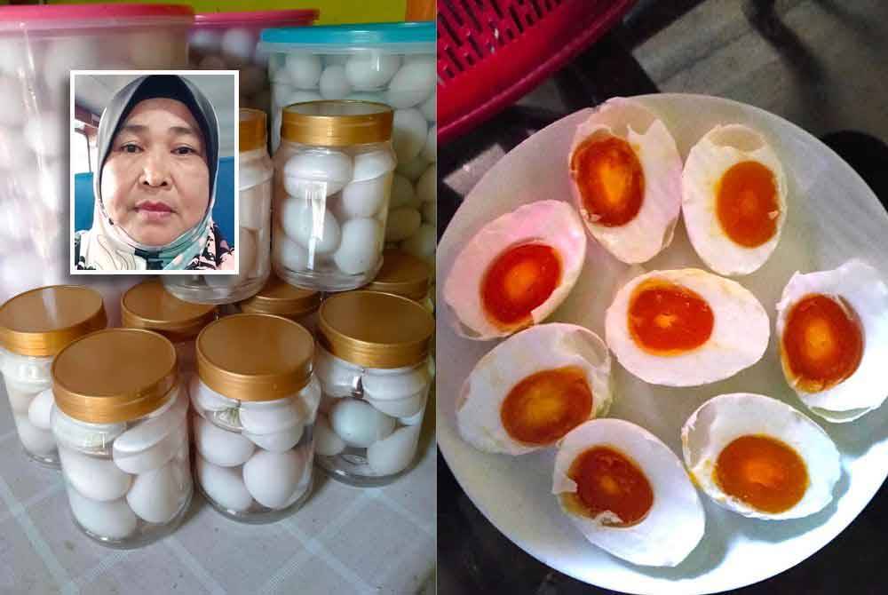 Telur itik perlu dibersihkan dengan betul bagi menghasilkan telur masin yang baik (kiri), Telur itik masin yang dihasilkan Kamariah. Gambar kecil: Kamariah