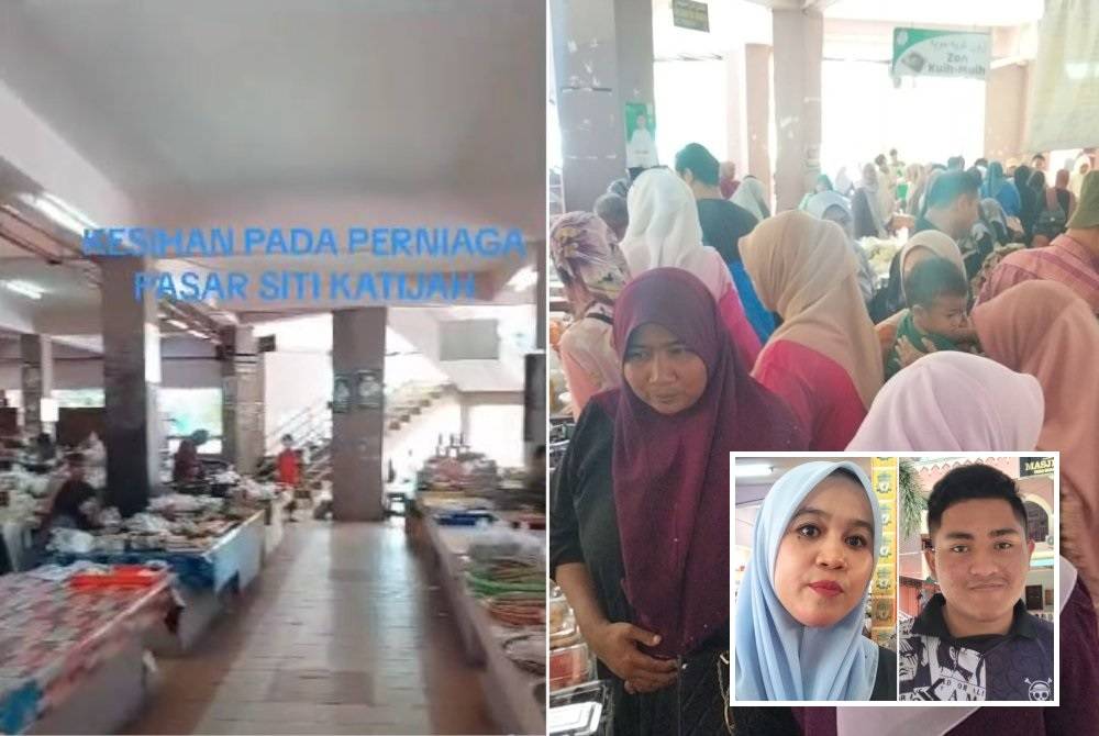 Video tular mengenai nasib peniaga Pasar Siti Khadijah yand didakwa tidak ramai pengunjung. Kanan: Orang ramai memenuhi ruang dalam Pasar Siti Khadijah untuk membeli kuih-muih (Gambar kecil: Rospauzilaismawati, Muhd Amirul Mukmin)
