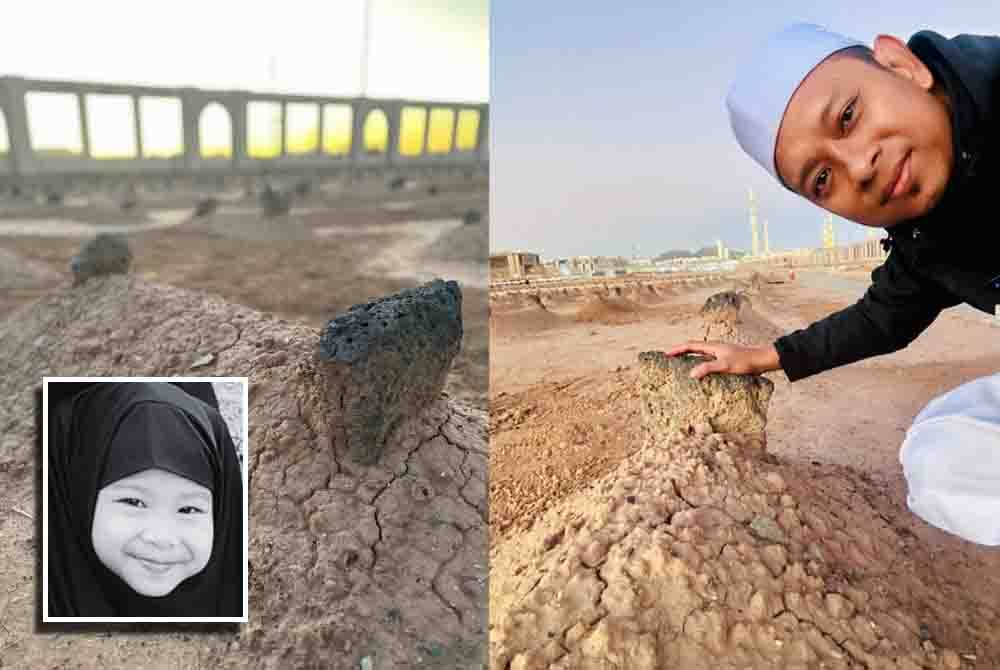 Mohamad Amirul berswafoto di pusara Nur Alesha Ammara. Gambar kecil: Alesha Ammara