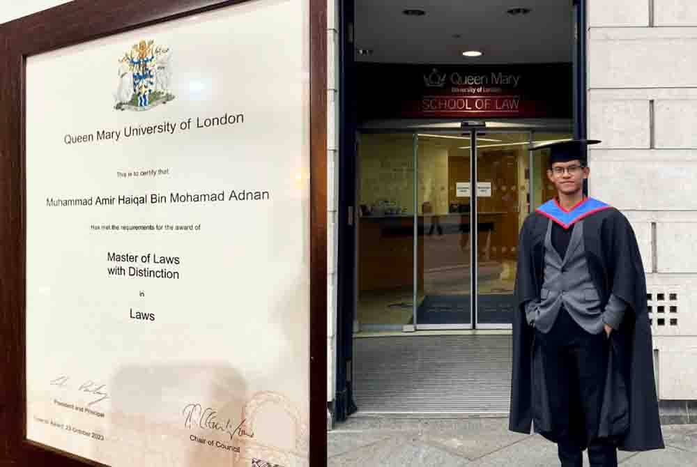 Amir Haiqal berjaya menamatkan pengajian Sarjana Undang-undang dengan Cemerlang dalam Undang-undang di Queen Mary University of London. Foto Pejabat Mara London dan Ireland