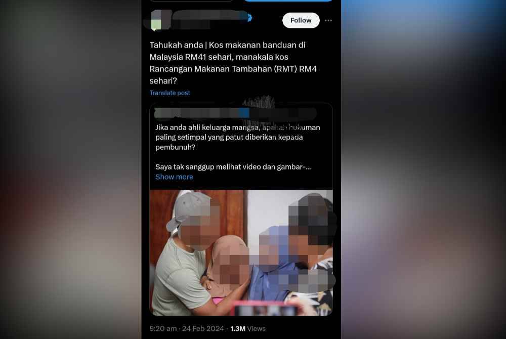 Tular hantaran menerusi platform X dan Facebook yang dimuat naik pengguna berkaitan kenyataan bertajuk kos makanan banduan di Malaysia RM41 sehari pada Sabtu.