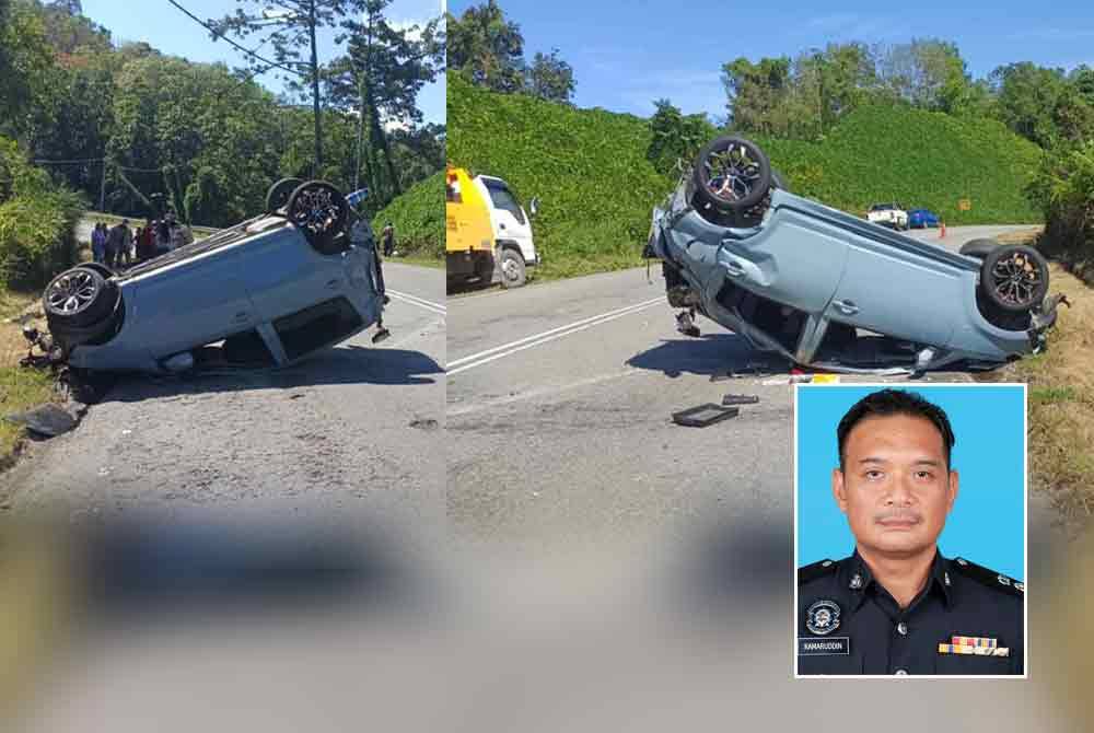 Keadaan kenderaan yang terbalik selepas hilang kawalan di Kilometer 37 Jalan Kimanis-Keningau, Papar. Gambar kecil: Kamaruddin