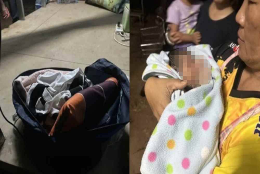 Bayi lelaki ditemui dalam beg biru diletakkan dalam pondok di Wilayah Nakhon Ratchasima, Thailand. Foto Agensi