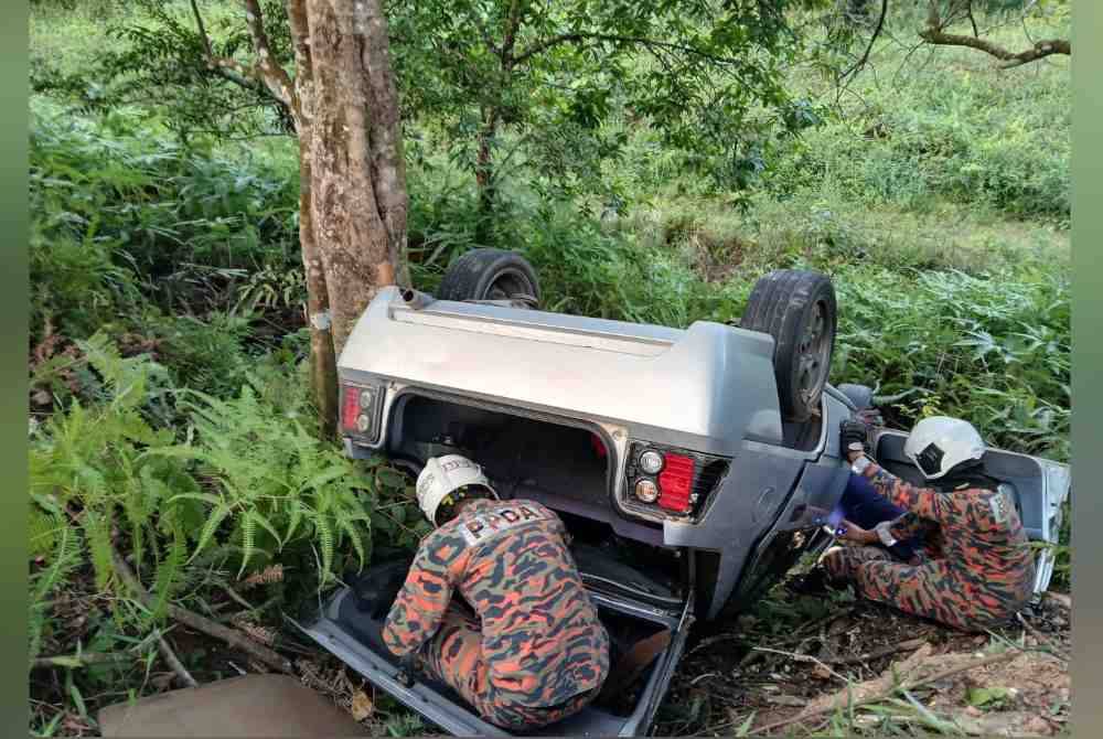 Anggota bomba mengeluarkan mangsa dari kereta Proton Saga berkenaan. - Foto BBP Kluang