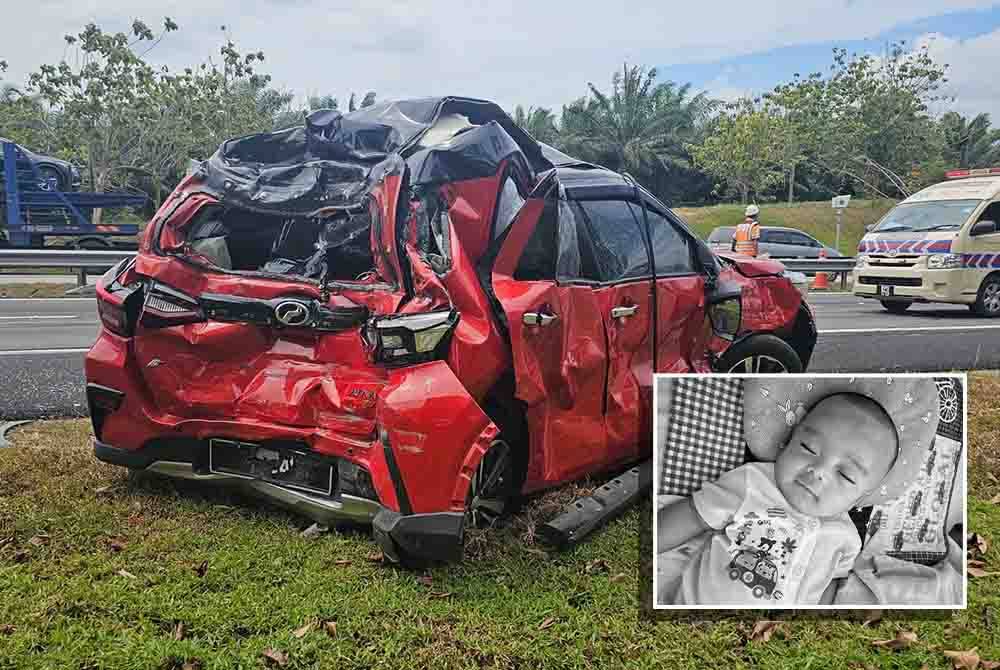 Keadaan kereta dinaiki empat sekeluarga termasuk bayi berusia dua bulan yang maut selepas dirempuh sebuah treler. (Gambar kecil: Mohamad Sufyan) 