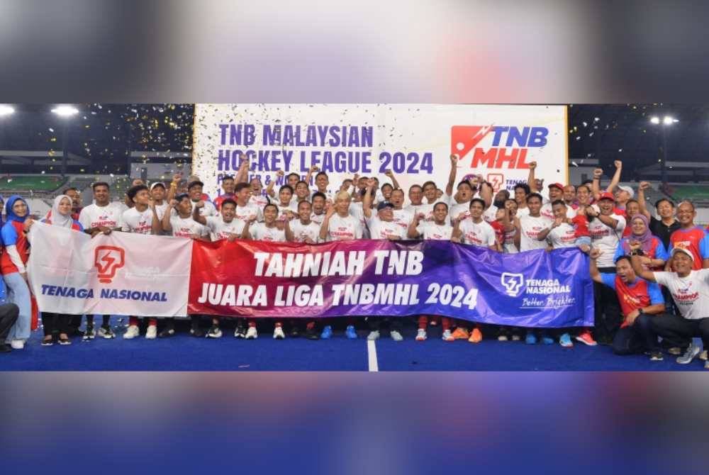 TNB mengakhiri penantian 21 tahun untuk merangkul kejuaraan saingan MHL 2024 selepas membelasah JM Antsbees 22-1 di Padang 1 Stadium Hoki Nasional Bukit Jalil, Kuala Lumpur malam ini. Foto AGENSI