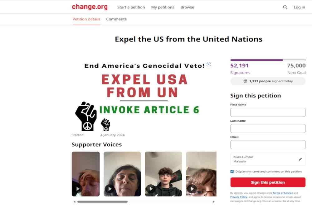 Satu petisyen dilancarkan dalam laman web gesa AS diusir keluar daripada PBB. - Agensi