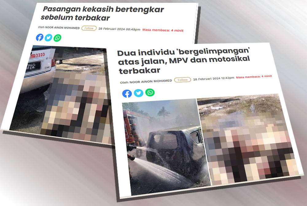 Sinar Harian melaporkan sepasang kekasih ditemukan melecur teruk keseluruhan badan dalam kebakaran melibatkan Perodua Alza dan motosikal jenis Honda C70 di Bercham.