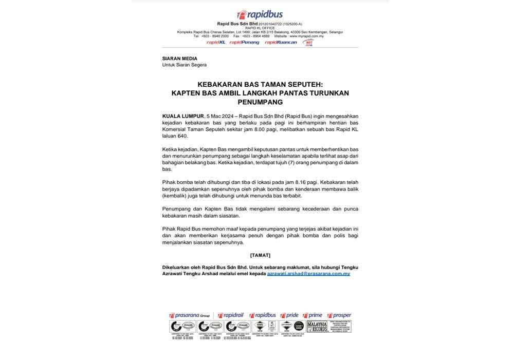 Kenyataan dikeluarkan Rapid Bus Sdn Bhd pada Selasa.