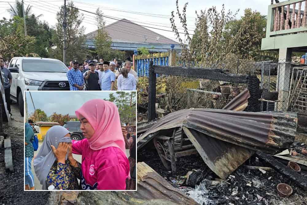 Sebanyak 11 rumah musnah dalam kebakaran di Kampung Laut Bongawan pada Isnin. Gambar kecil: Masni (kiri)