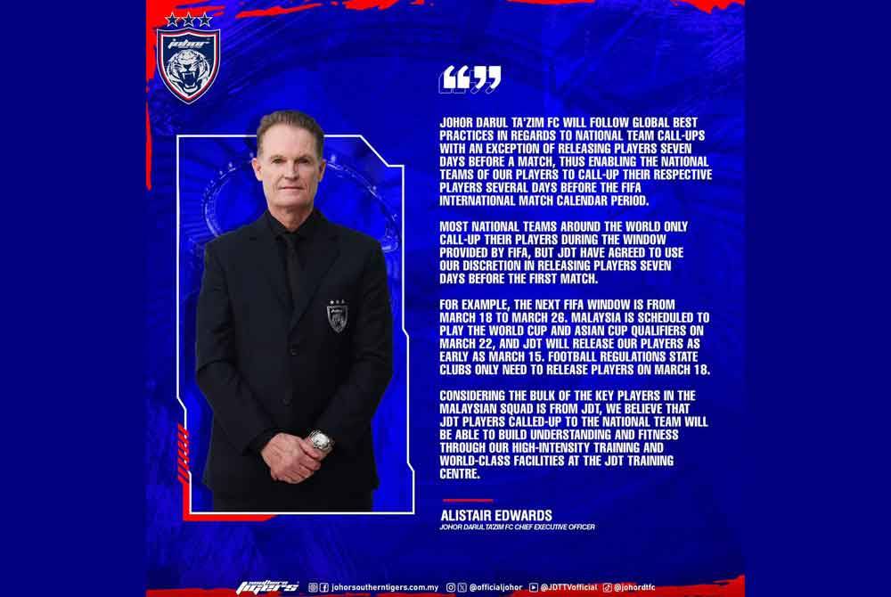 Kenyataan Alistair mengenai pelepasan pemain JDT untuk menyertai kem latihan pusat skuad kebangsaan. Foto Facebook Johor Southern Tigers