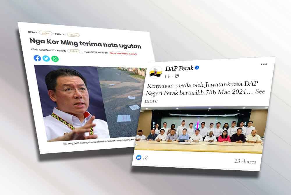 DAP Perak dalam satu kenyataan di laman Facebook mengutuk tindakan pihak yang tidak bertanggungjawab menghantar nota ugutan terhadap Kor Ming pada Khamis.