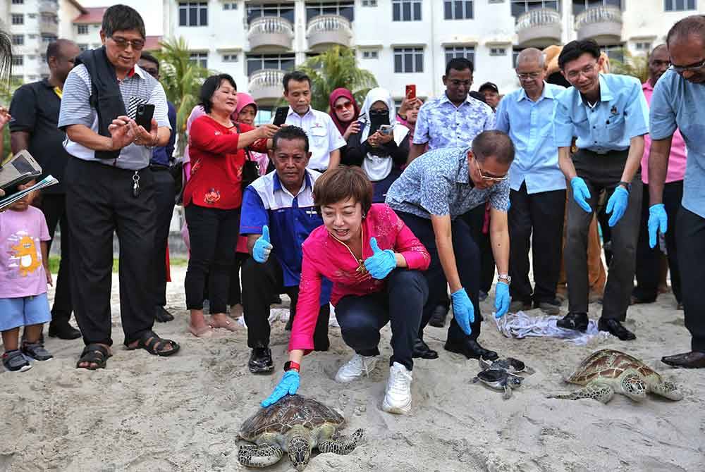 Nicole (tengah) melepaskan anak penyu yang berjaya ditetaskan dan diselamatkan ke pantai.