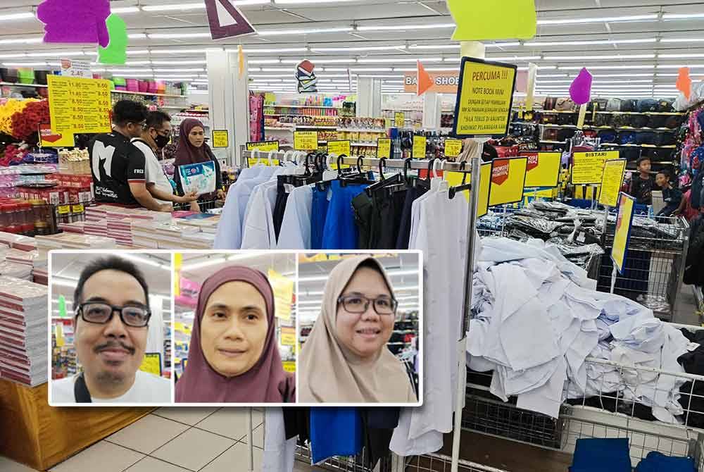 Kelangkalan persekolahan seperti uniform sekolah masih boleh didapati di pasar raya. (Gambar kecil: Mohd Rizal Azuar, Hazlini, dan Mariyah)