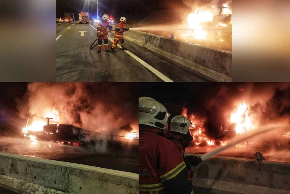 Anggota yang dari BBP Raub memadamkan kebakaran dalam kejadian treler muatan getah asli terbakar di Lebuhraya Lingkaran Utama dekat susur keluar ke Batu 3 menghala Lipis pada Jumaat. - Foto: JBPM