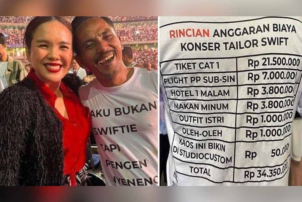 Gambar kiri Hendra bersama Ulfa ketika mereka menyaksikan konsert The Eras Tour Taylor Swift di Singapura baru-baru ini.
Gambar kanan perincian perbelanjaan yang tertera pada bahagian belakang baju-T yang dipakai Hendra. - Agensi