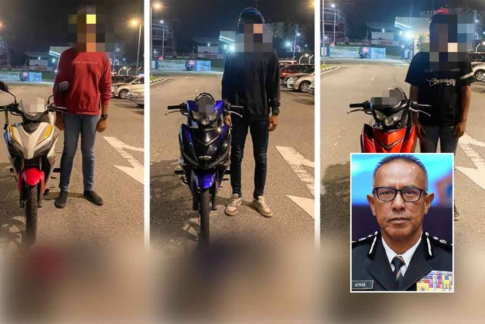 Tiga lelaki ditahan selepas dikesan menunggang motosikal secara berbahaya di Lebuhraya Kuala Lumpur - Seremban, pada Sabtu. (Gambar kecil: Mohd Azman)